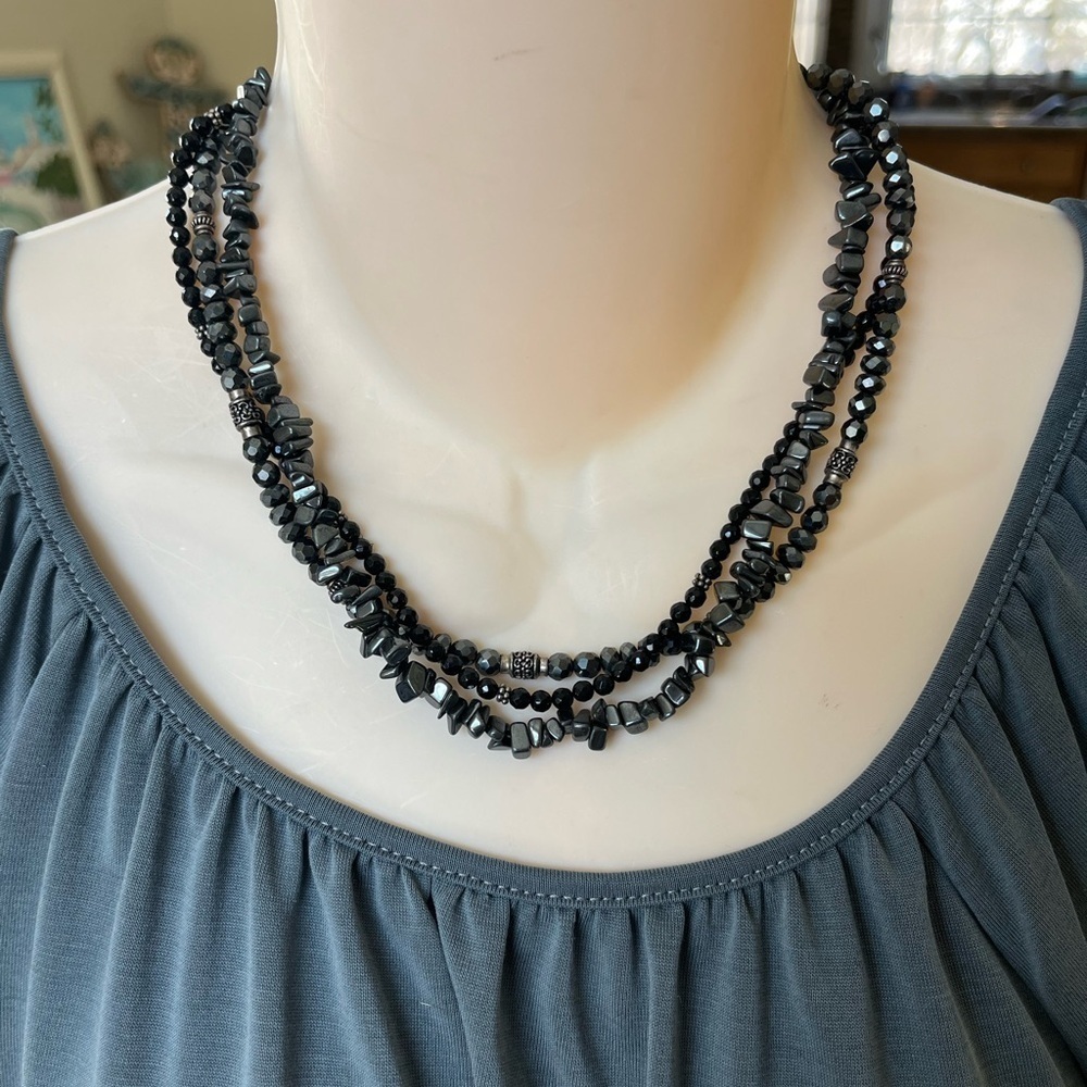 Black 3 Strand Necklace with Silver Tone Accents - Picture 3 of 16